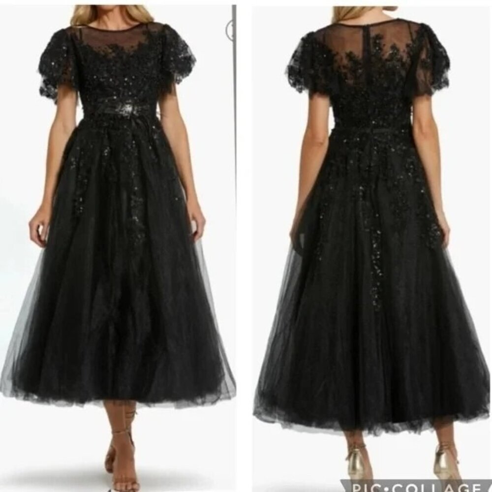 Mac Duggal Black Sequin Tulle Midi Dress